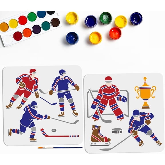 2pcs Hockey Stencil 11.8×11.8inch Ice Hockey Stencil with Painting Brush Reusable Athlete Ice Hockey Player Painting Stencils