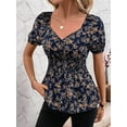 thumbnail image 5 of Womens Short Sleeve T Shirts V Neck Casual Collared Tops Puff Sleeve Work Tunic Blouses Blue S, 5 of 8