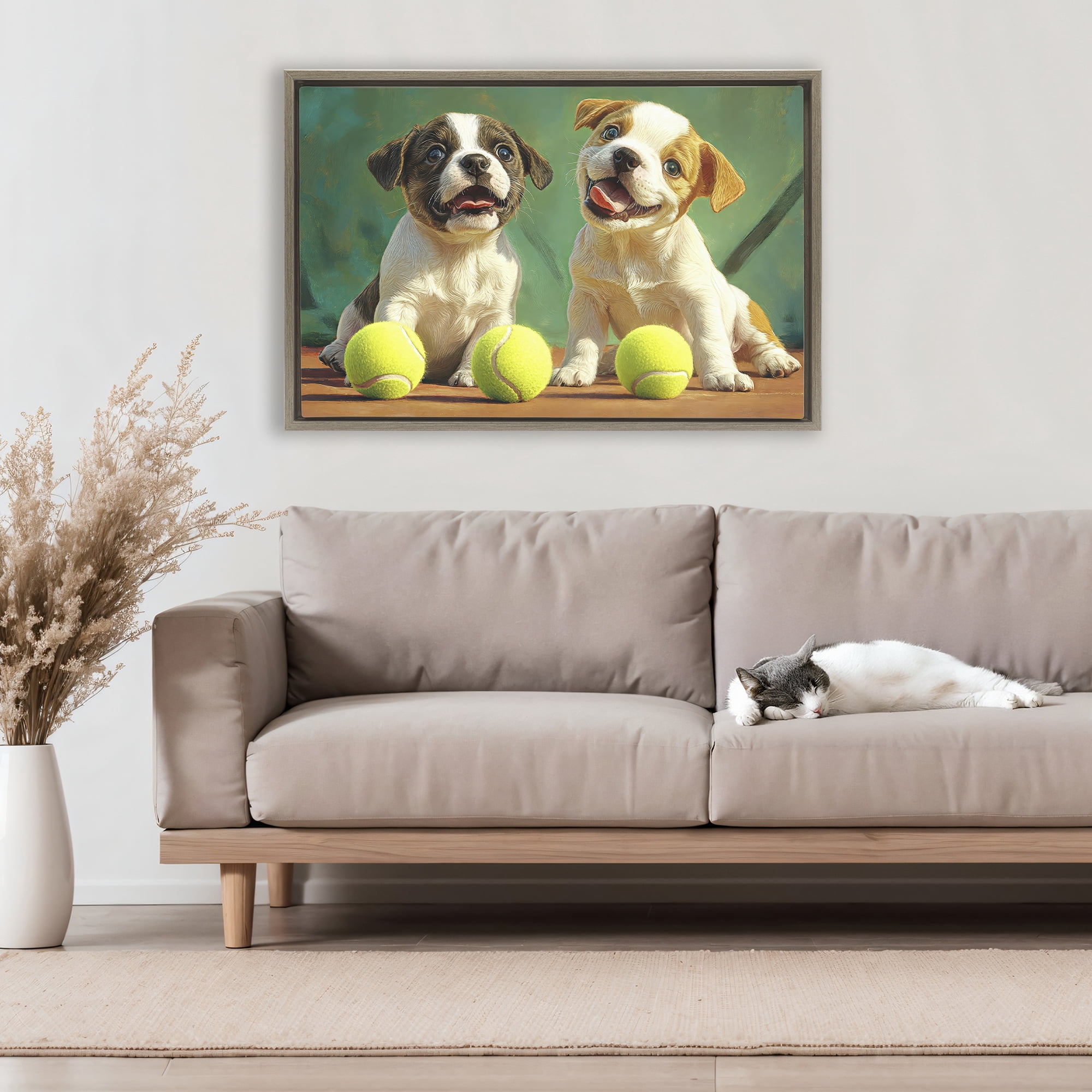 Stupell Industries Adorable Puppies with Tennis Balls Brown Framed Floater Canvas Wall Art, design by Imagine It Images