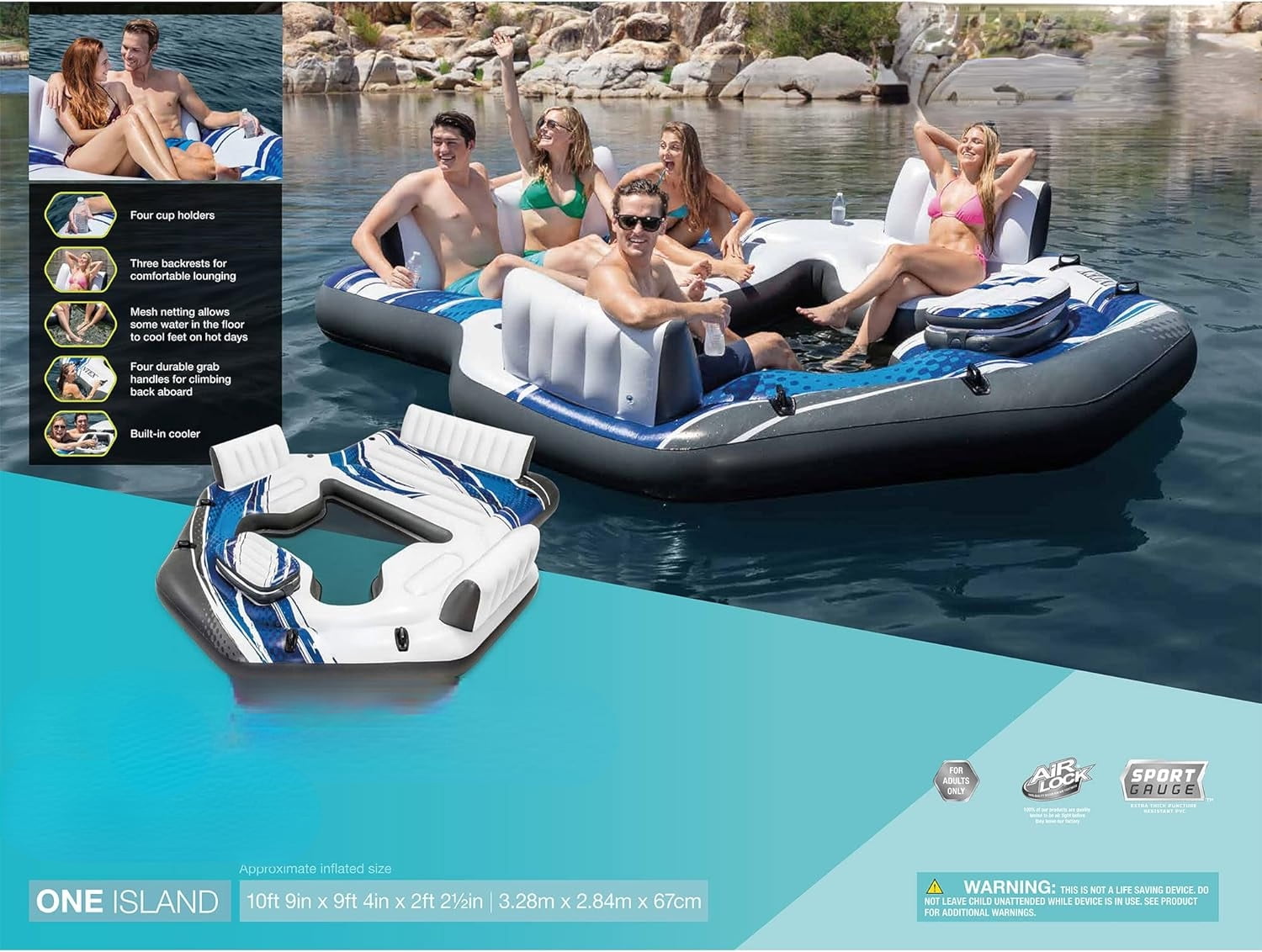 ZSTECH Inflatable Pool Raft for 5, Blue, with Cooler & Cupholders