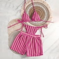 thumbnail image 2 of Fewfanhot Modest Swimsuits for Women 3 Piece Swimsuit Set Textured Hollow Out Halter Triangle Bathing Suit with Cover Up Shorts, 2 of 7