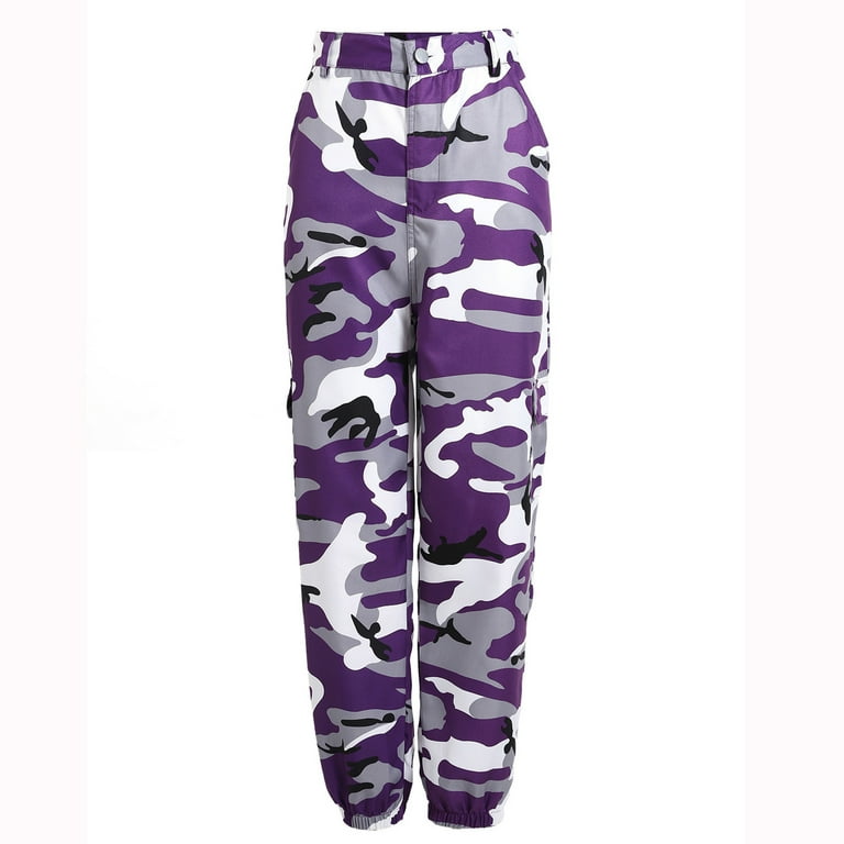 JWZUY Women's Camo Pants Cargo Trousers Cool Camouflage Pants Button Zippe  Up Elastic Waist Casual Multi Outdoor Jogger Pants with Pocket Purple XXL
