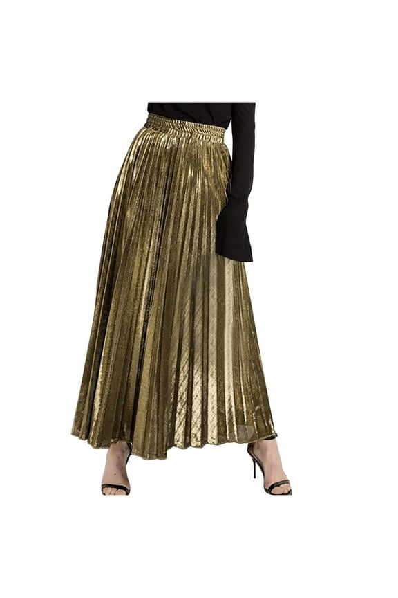 Women's Premium Gold Shiny Shimmer Accordion Pleated Long Maxi Skirt