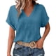 thumbnail image 1 of Camisetas Casuales de las Mujeres de Moda Suelta Manga Corta V-Cuello Superior con Doble Capa Arrugado Detalle, Suave Poliéster Color Sólido Blusa para el Uso Diario, Camisetas de Cuello en V de las, 1 of 9