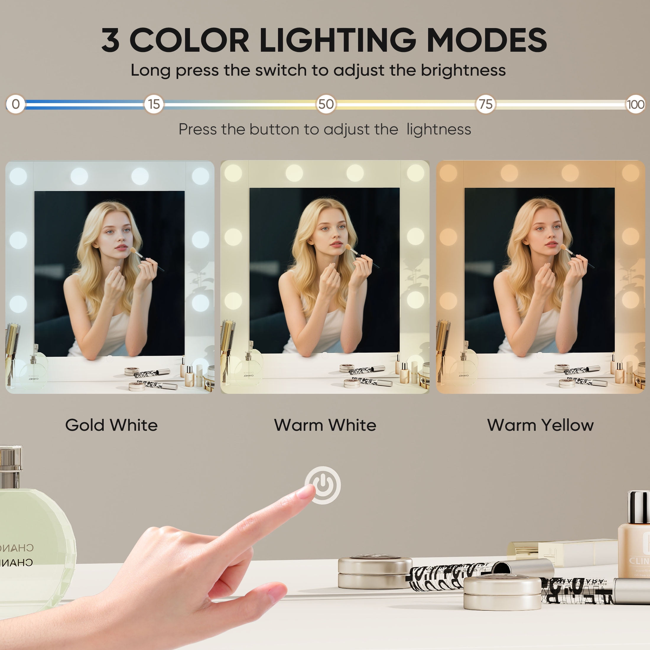 edx Vanity Desk with Mirror, Makeup Vanity Table with 3 Color Light Options Adjustable Brightness for Bedroom Dressing Room, White