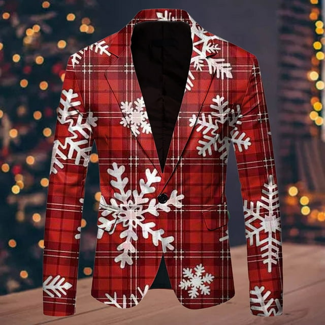 Men Christmas Snowflake Santa Printed Pocket Lapel Button Suit Jacket