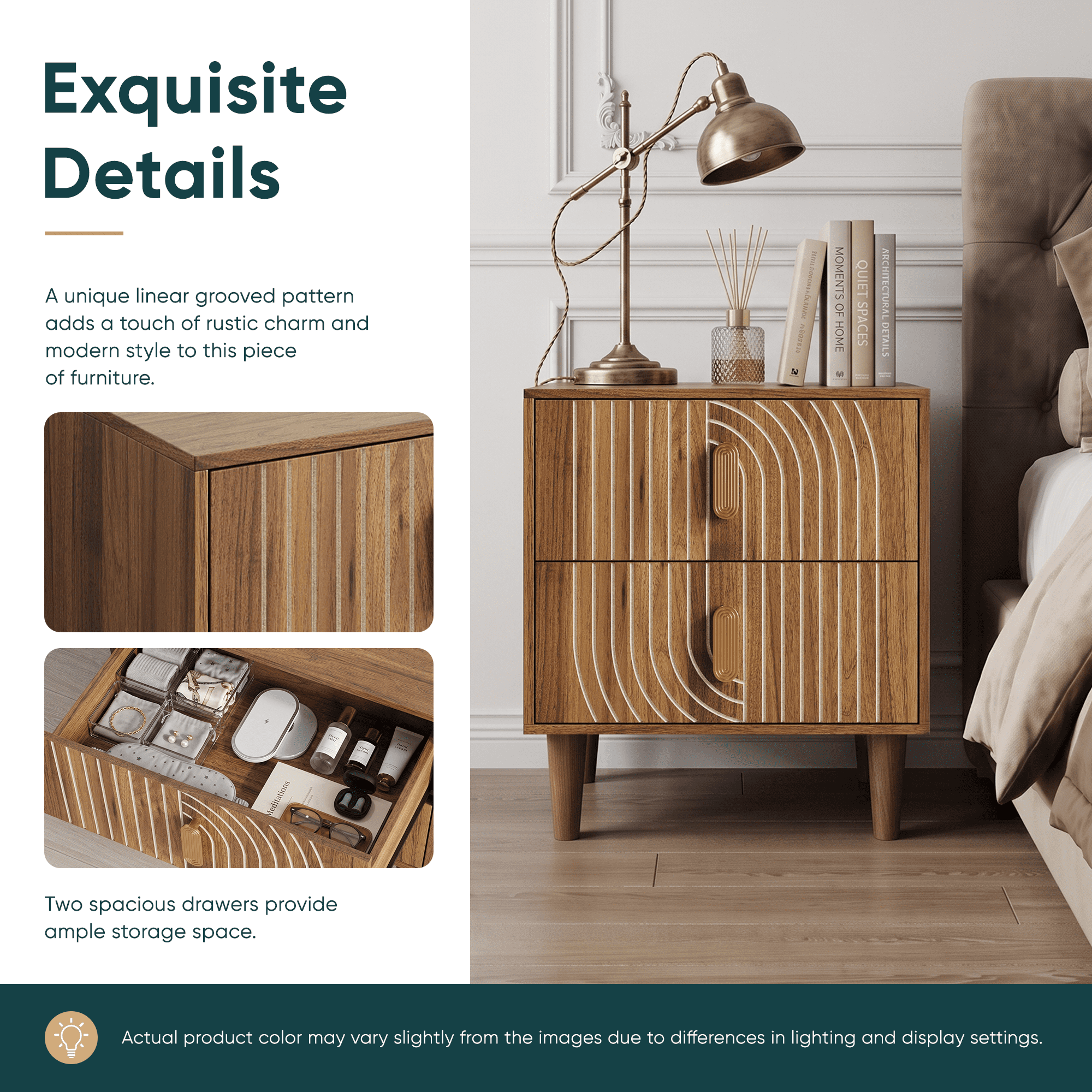 Nightstand Bedside Table 18 Inch, Double Drawer Storage with Solid Wood Legs for Bedroom Living Room, Walnut