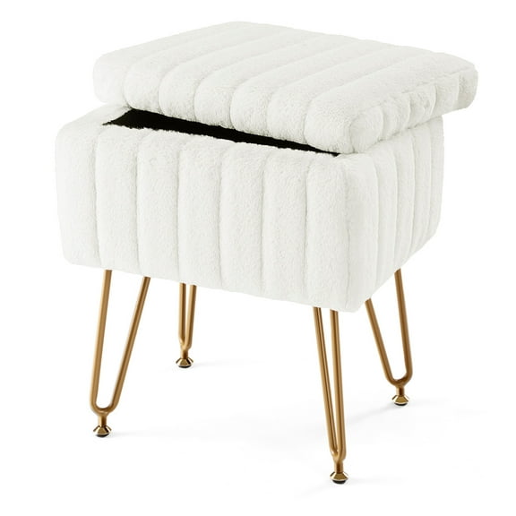 Vanity Stool Chair with Storage, Ottoman Faux Fur Soft Padded Makeup Footstools Seat with 4 Metal Legs Anti-Slip Adjustable Feet Modern