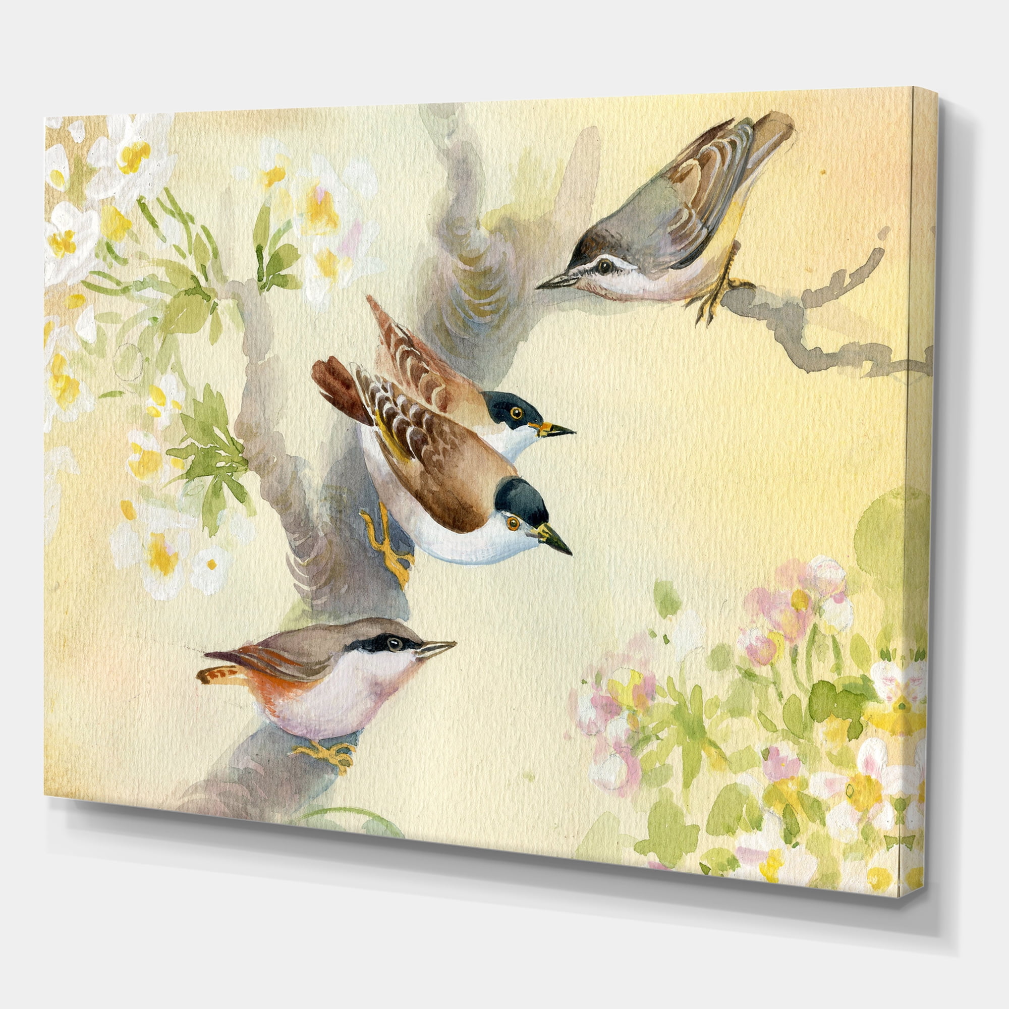 Designart ' Birds Sitting On A Blossoming Apple Tree ' Traditional Canvas Wall Art Print