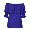 thumbnail image 6 of Odeerbi Summer Chiffon Blouse for Women Ruffles Short Sleeve Tops 2024 Casual Off The Shoulder Solid Shirts Blue, 6 of 9