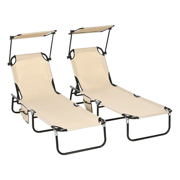 Folding Chaise Lounge Chairs Set of 2 Tan - Reclining Beach Chairs with Sunshade - Patio Pool Loungers for Outdoor Relaxation