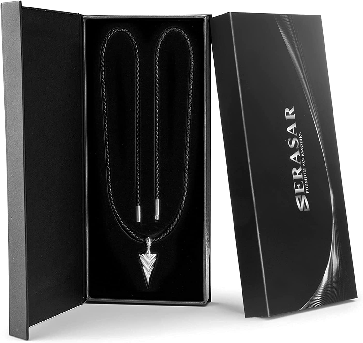 SERASAR Men's Premium Leather necklace "Arrow" with Stainless steel Pendant and Magnetic Closure, Silver 50cm, incliding Gift box