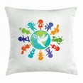 thumbnail image 1 of Youth Throw Pillow Cushion Cover, Cute Children Silhouettes around the World with Pigeon Symbol of Peace Earth Planet, Decorative Square Accent Pillow Case, 16 X 16 Inches, Multicolor, by Ambesonne, 1 of 2