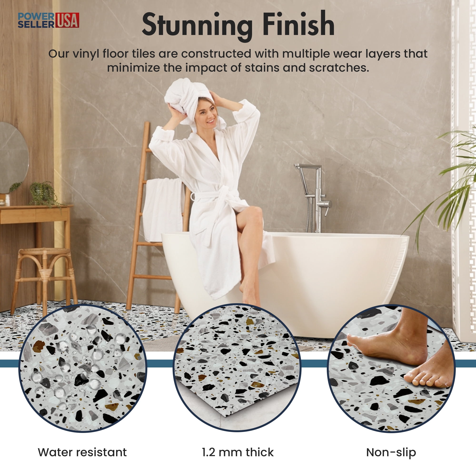 PowerSellerUSA Vinyl Self Adhesive Floor Tiles, 20 Pcs 12 x 12 inches Contemporary Mosaic Pattern Peel and Stick Floor Tile Stickers, Square Flooring Tiles for Kitchen, Bedroom, and Bathroom