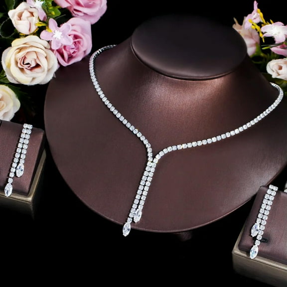 Sparkling White Long Tassel Tennis Drop CZ Necklace Earrings Banquet Jewelry Set