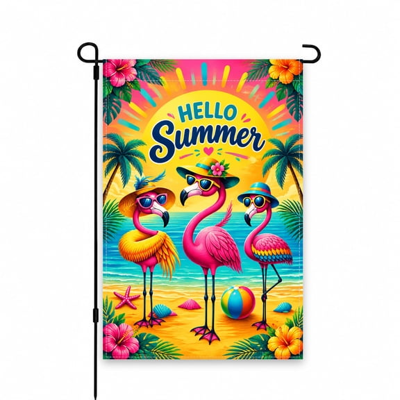 Colorful Flamingo Summer Garden Flag 12" x 18" - Vibrant Tropical Beach Scene for Patio, Yard, Porch, Outdoor Decor - Perfect for Celebrating the Season