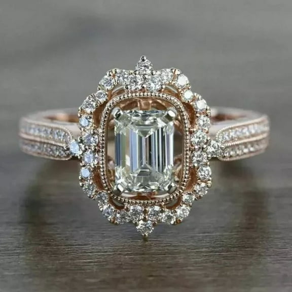 3Ct Emerald Cut Lab-Created Diamond Halo Engagement Ring 14k Rose Gold Plated