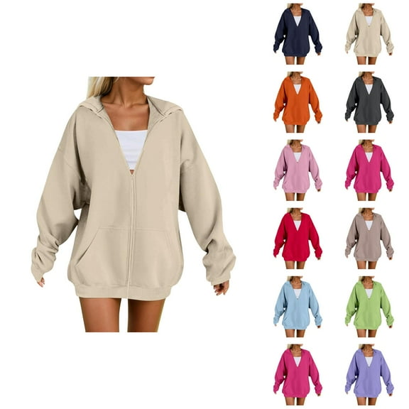 Zip Up Hoodie Long Sleeve Solid Plain Jacket Hooded Sweatshirt with Pockets Pullover Essentials Hoodies for Women