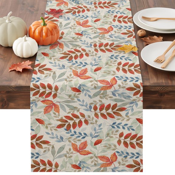 Fall Leaf Table Runner, Country Pastoral Vintage Boho Red Blue Green Leaves Washable Cotton-linen Table Runners Dining Kitchen Decoration for Everyday Home Wedding Party Decor, 13 x 36 Inch