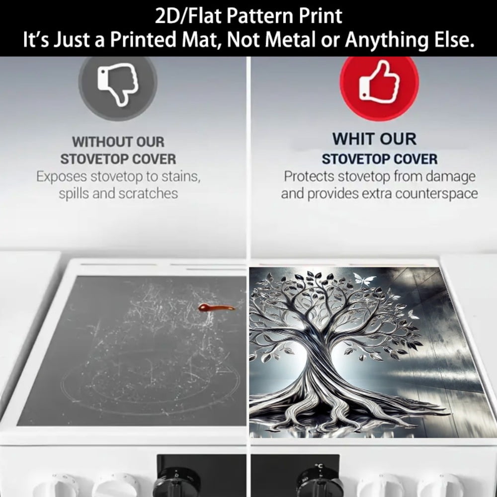 1 2D/flat stove cover protection pad, with a silver-black butterfly decorative tree pattern design, 28.3x20.5 inches (72×52cm), easy to clean, perfectly suitable for any kitchen, washing machine, dry