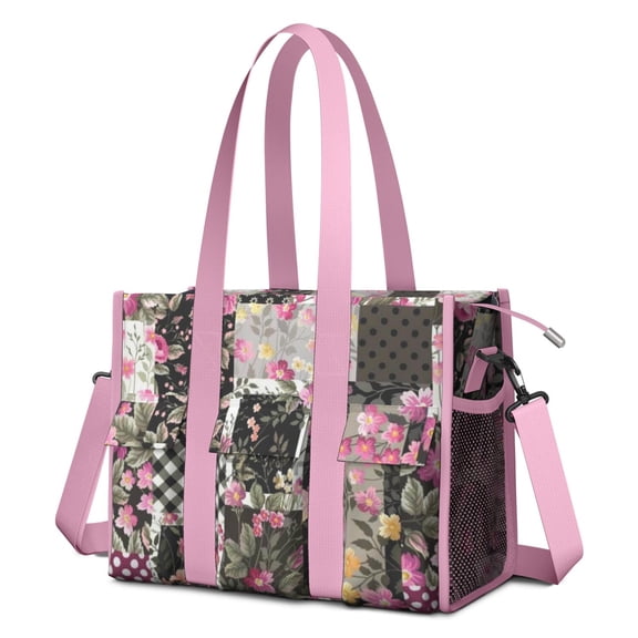 Teacher Tote Bag,Pioneer Flower Floral Print Pattern Teacher Utility Tote Bag,Large Work Tote Bags for Women with Multiple Pockets,Top Zipper Closure,13.8x10.6x6.7 Inch