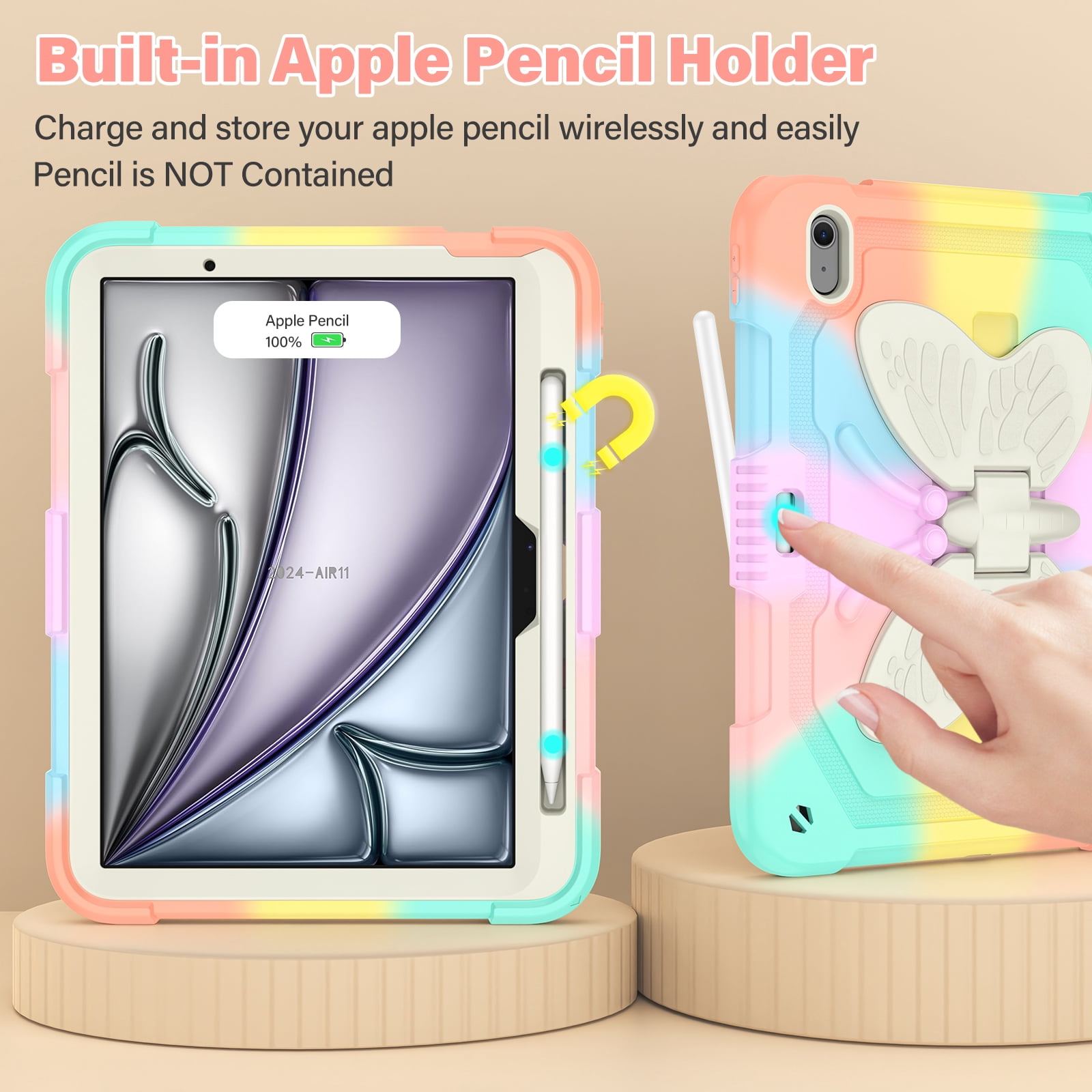 For iPad Air 11 M4 M3 M2 2026 2025 2024 Case, Cute Butterfly Design Heavy Duty Shockproof Shoulder Strap Pencil Holder Kickstand Bumper Kids Friendly Rugged Case for Apple iPad Air 11", Colorful