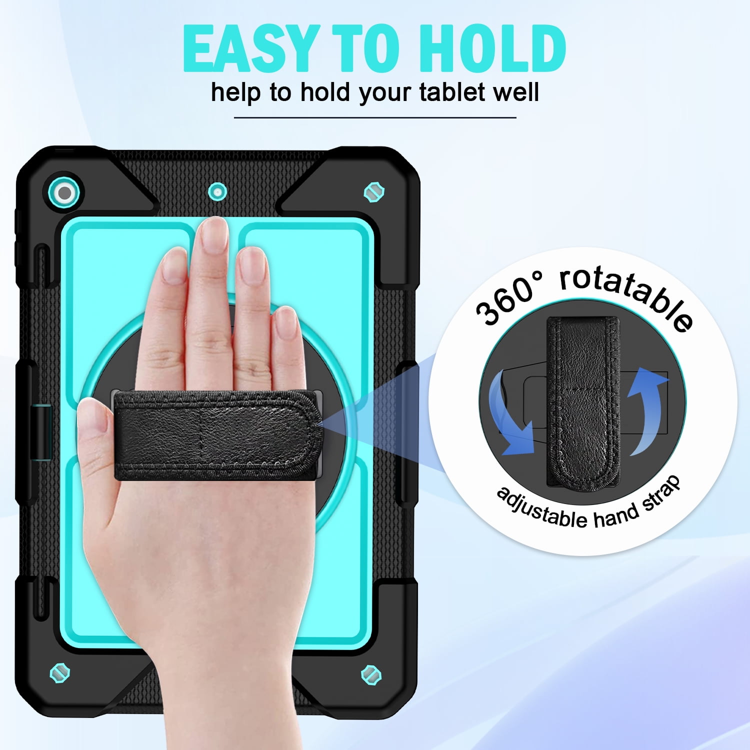 BMOUO iPad 9th Generation Case, iPad 8th/7th Generation Case, iPad 10.2 Case,Hybrid Shockproof [360 Rotating Stand] [Hand Strap] [Pencil Holder] Kids Case for New iPad 10.2" 2021/2020/2019, Sky Blue