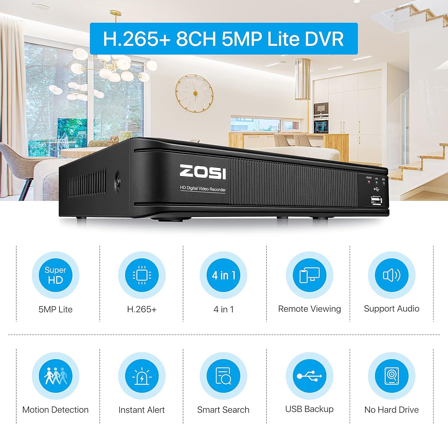 H.265+ 3K Lite CCTV DVR with 1TB HDD, ZOSI 8CH DVR Video Recorder with AI Human Vehicle Detection, Remote Access, Hybrid Capability 4-in-1 Surveillance DVR for Security Camera