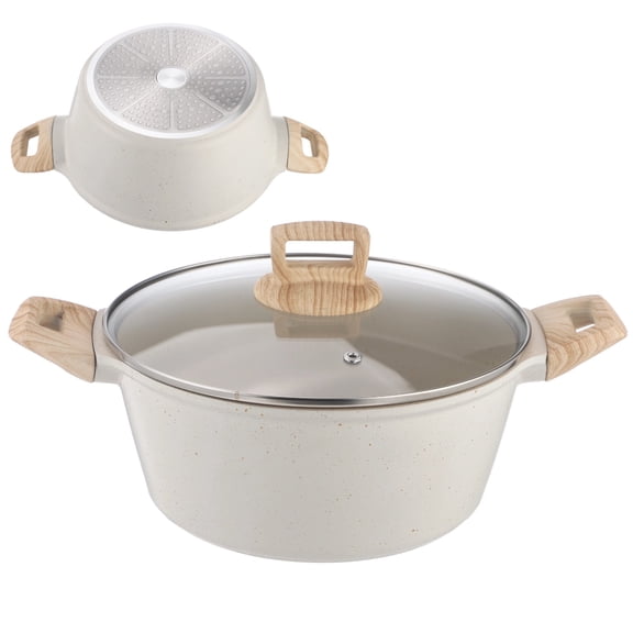 White Aluminum Base Ceramic Coated Stew Pot with Vented Glass Lid, 9.4 x 4.1 in Non-stick Cooking Pot with Wooden Handles for Home, Kitchen, Induction Cooking