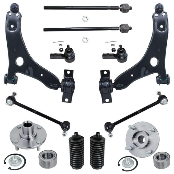 12-Piece Front Suspension Kit - (2) Front Lower Suspension Control Arms & Ball Joints, (2) Front Sway Bar End Links, All (4) Front Inner & Outer Tie Rod Ends, (2) Front Wheel Hub for 06-07 Ford Focus
