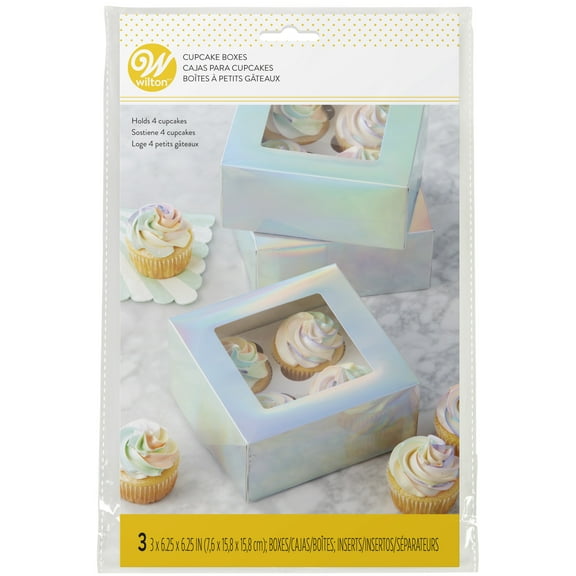 Wilton 6.5 x 6.5 x 3-Inch Iridescent Cupcake Treat Boxes with Window, 3-Count