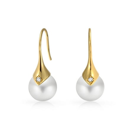 Bling Jewelry Gold Plated Brass CZ Cap Round Simulated Pearl Bridal Earrings