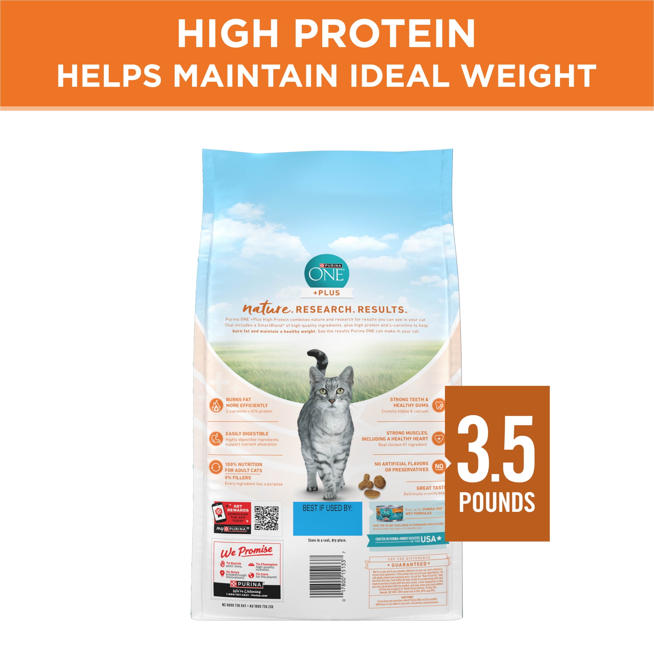 Purina ONE High Protein Ideal Weight Dry Cat Food With Turkey, Weight Control Formula, 3.5 lb Bag