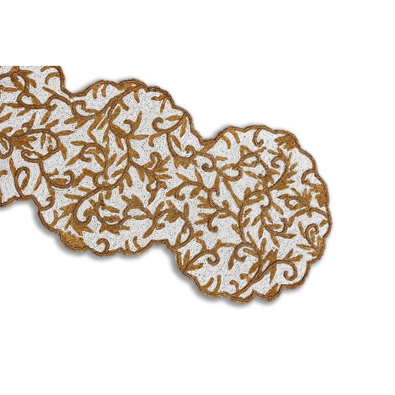 Handmade Beads Table Runner, White And Gold Table Runner, Designer Floral Table Topper 13X36 Inch