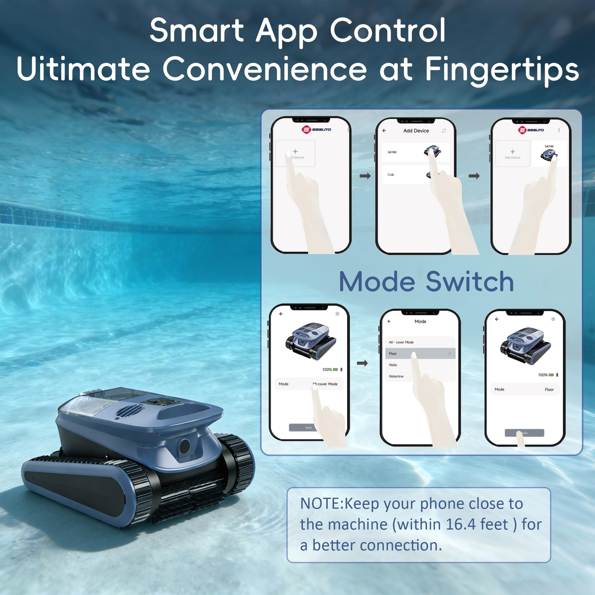 Seauto SAT40 Smart Cordless Pool Cleaner - App-Controlled, 90° Wall Climbing, Waterline & Floor Cleaning, Auto-Dock, Long Battery Life, LED Status, Suitable for In-ground & above-ground pools