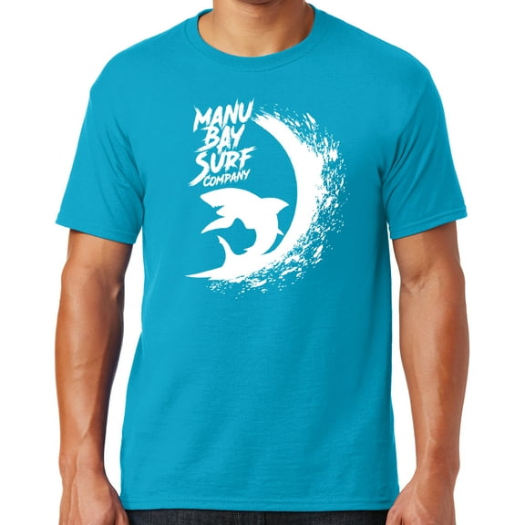 Mens Manu Bay Surf Company WHITE SURFING SHARK T-shirt, 2XL Cali Blue