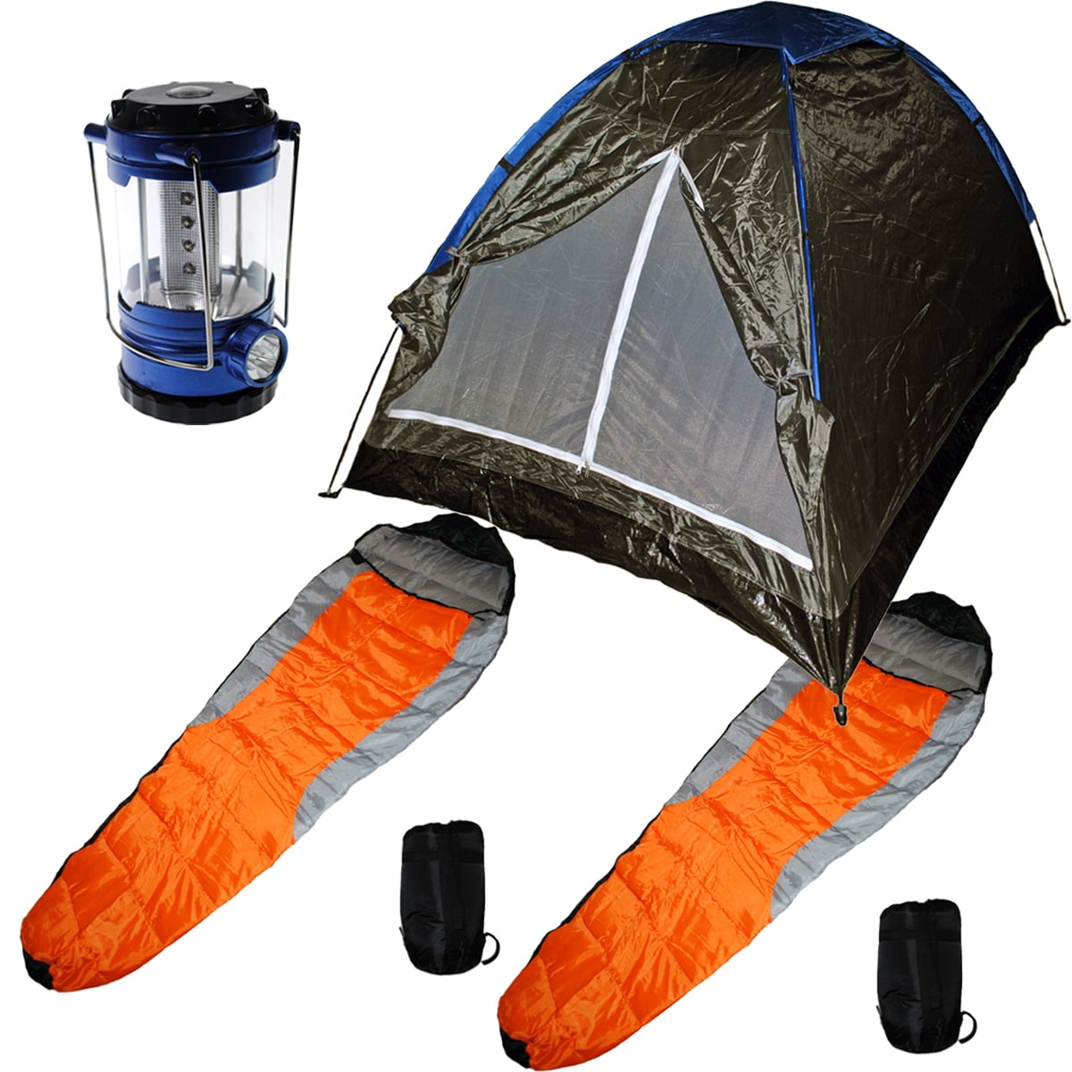 Camping Gear Medium Sized Tent + Two Sleeping Bags + LED Lantern w