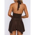 thumbnail image 6 of Women Halter V Neck Mini Dress Flowy Irregular Ruffle Hem Backless Summer Dress Ruched Dresses Brown XL, 6 of 9