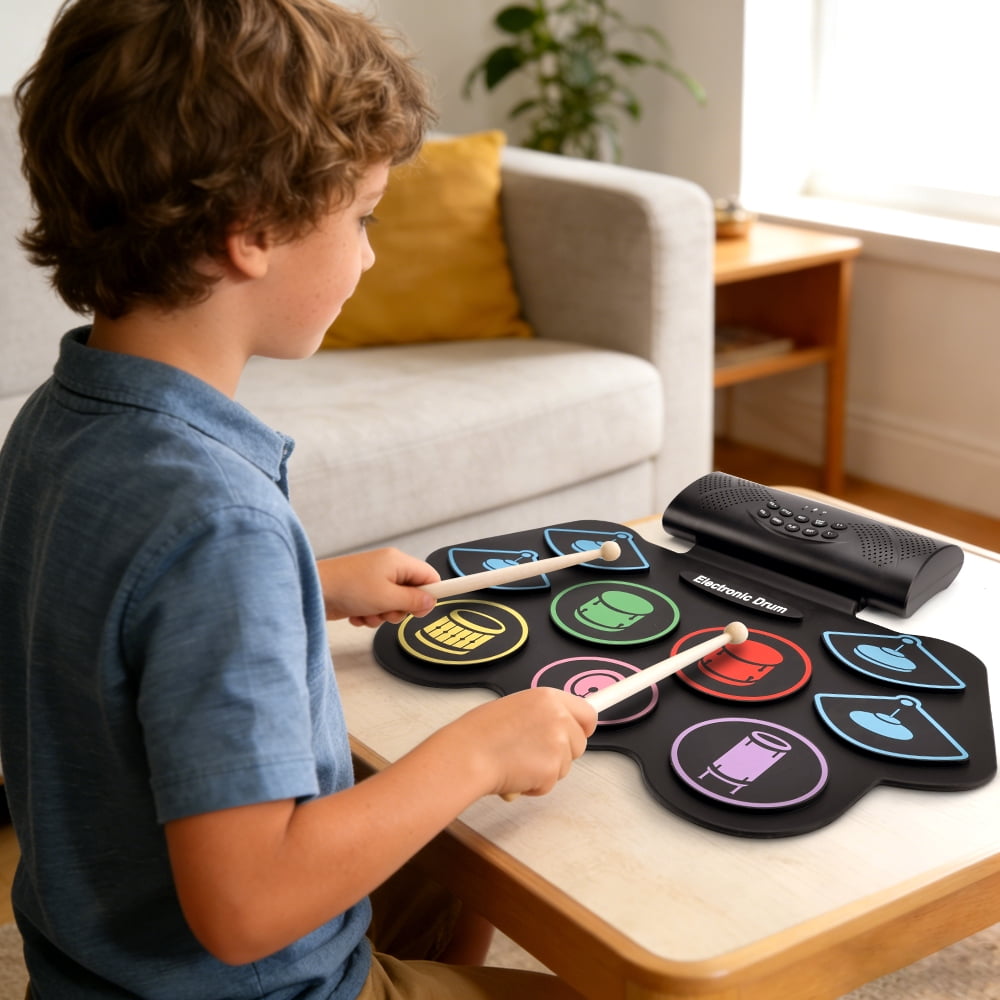 VIPQV Electronic Drum Set, 9-Drum Practice Pad with Headphone Jack, Hand-roll Drum Kit Machine with Built-in Speaker Drum Pedals and Sticks 10 Hours Playtime, Great Gift for Beginners