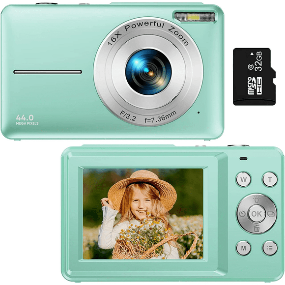 Refurbished Zostuic Digital Camera, Kids Camera with 32GB Card FHD 1080P 44MP, Green