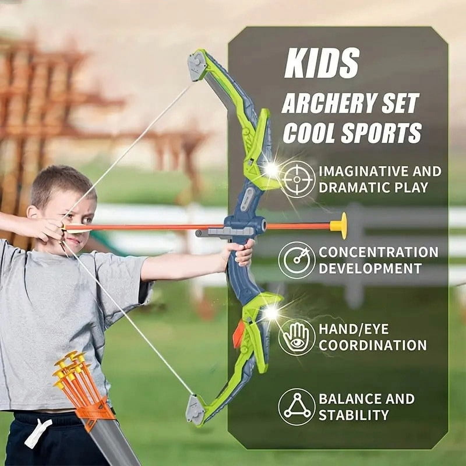 2 Pack Kids Bow and Arrows Set with LED Lights Included 10 Suction Cup Arrows and Standing Target-Sport Toys Gifts for Boys and Girls Ages 6-12