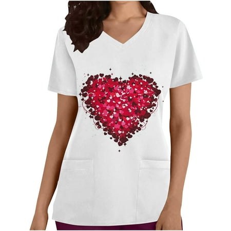 

Valentines Day Gifts for Her UHEOUN Womens Tops Valentines Scrubs for Women Women s V-neck Valentines Day Printed Short Sleeve Pockets Scrubs Tops End of Year Clearance