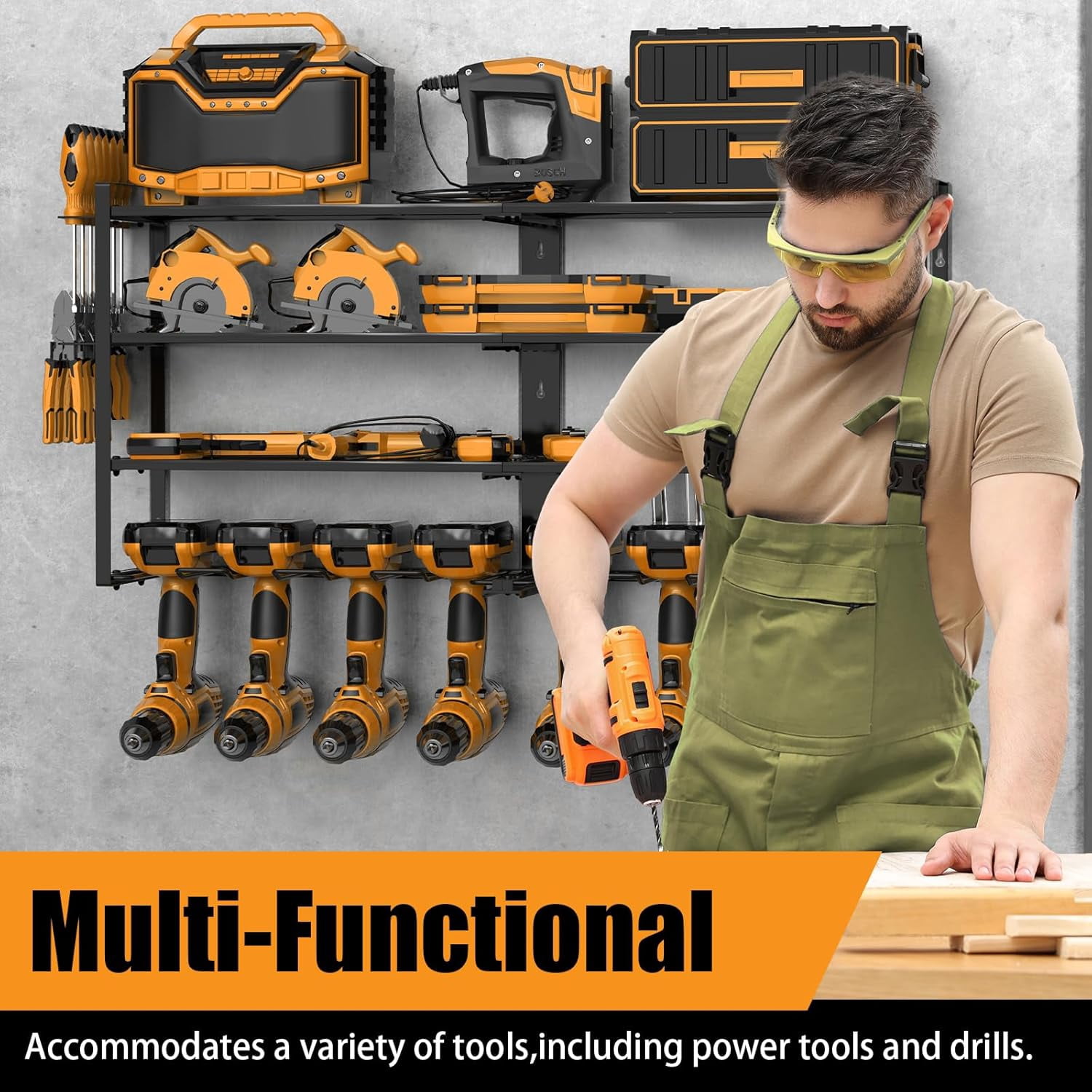 4 Layer Wall Mount Tool Organizer with 8 Drill Holder, Heavy Duty Storage Rack for Garage