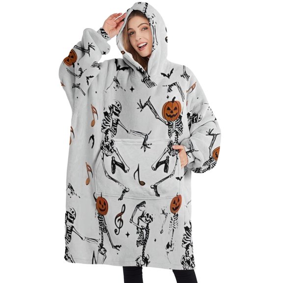 Oversized Wearable Blanket Hoodie,Halloween Dancing Skeletons and Pumpkins Sherpa Blanket Hoodie with Super Pockets,Super Warm Fuzzy Pullover for Women & Men