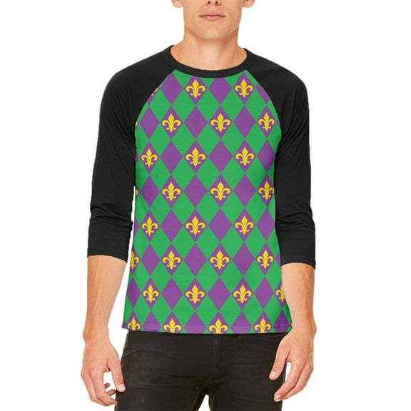 Mardi Gras Fleur De Lis Jester Costume Mens Raglan T Shirt White-Black LG