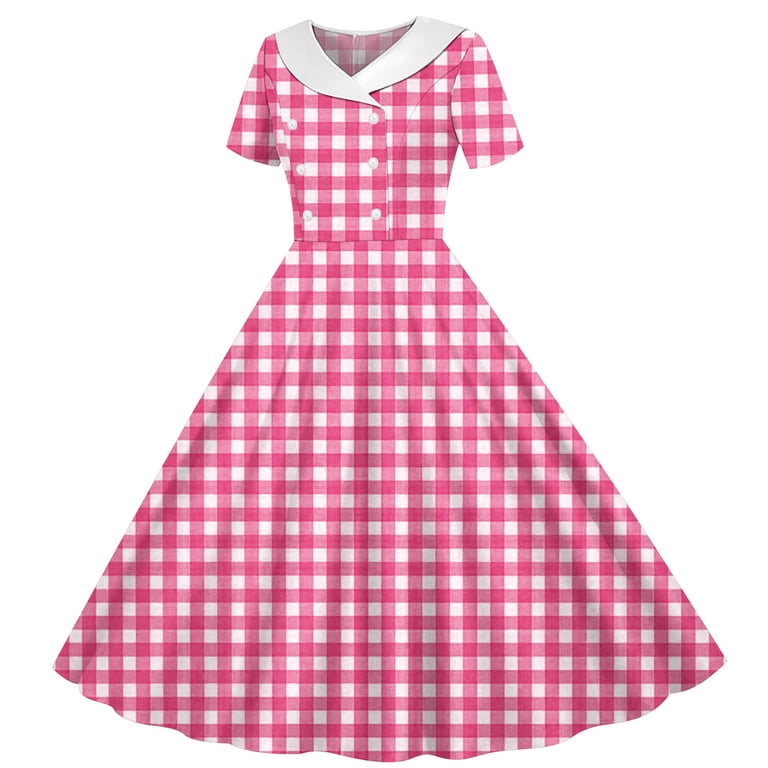 hot pink checkered dress Hinvhai Women's Vintage Plaid Print Short Sleeve Button Front Waist Definition A Line Flared Midi Dress Pink, Size: Medium ClothingBackStyleLabel: Open Back