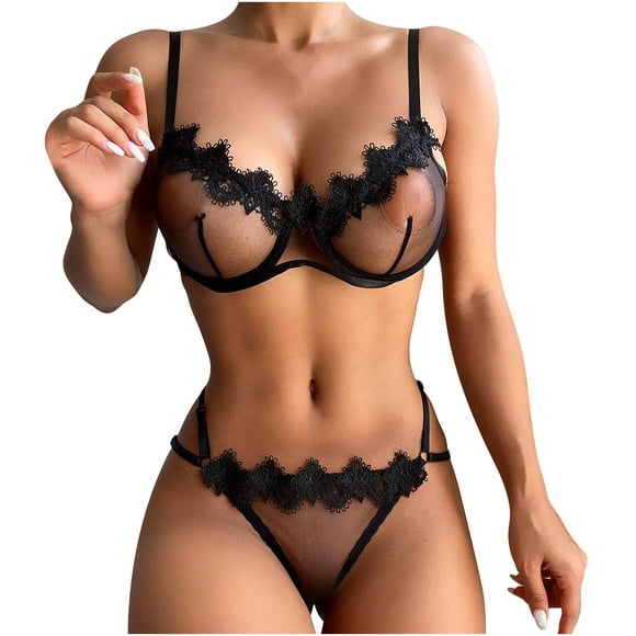 Pisexur Lace Lingerie Set for Women Sexy Naughty 2 Piece Strappy Bra and Panty Push Up Bralette