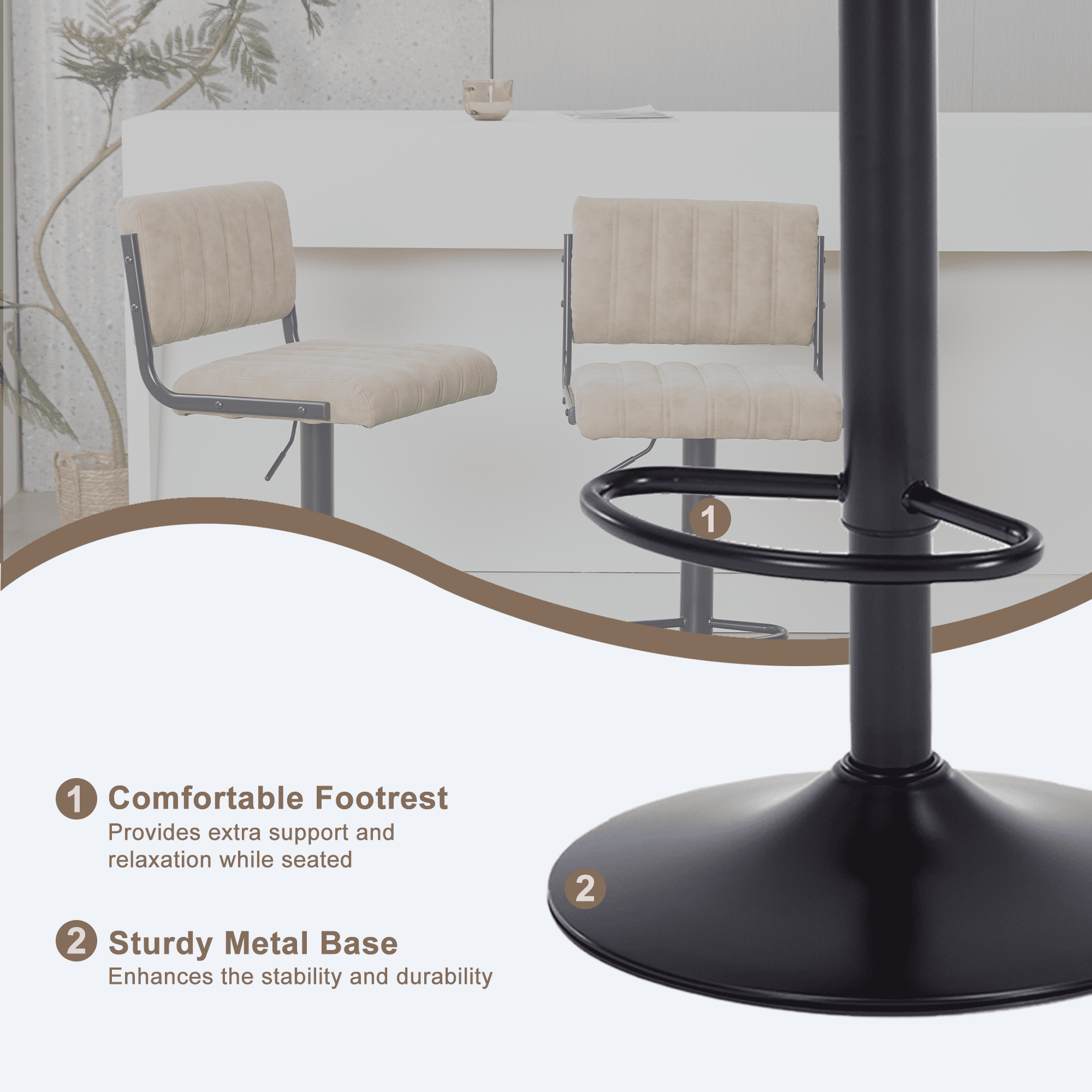 ENYLAY Adjustable Swivel Bar Stools Set of 6, Modern Faux Leather Counter Height Bar Chairs with Mid Back & Footrest for Kitchen Island Home Bar Pub, Beige