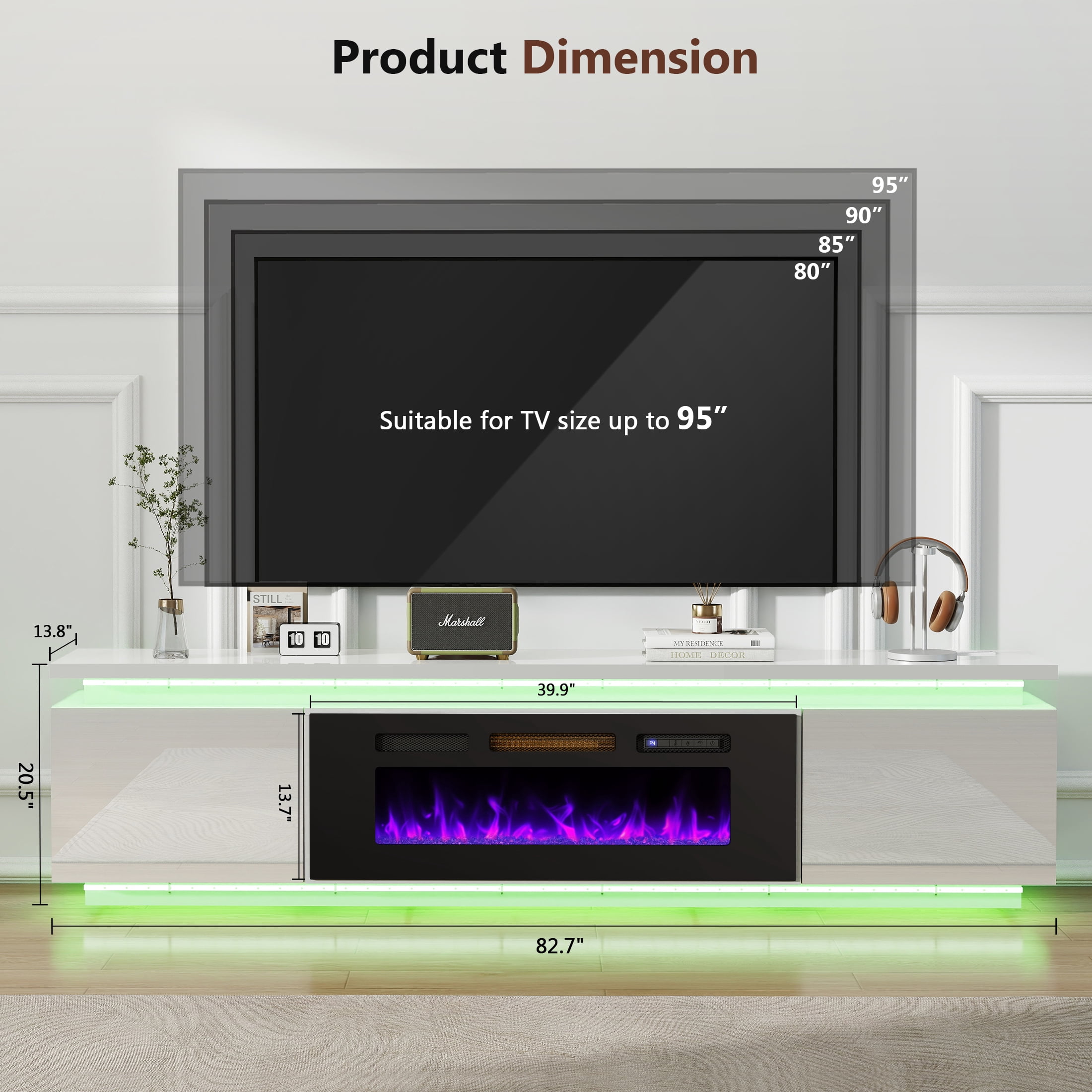 Anrist Electric Fireplace TV Stand for TVs up to 95" with LED Lights & 4 AC Power Outlets, TV console for Living Room, White, Ship in 2 Boxs