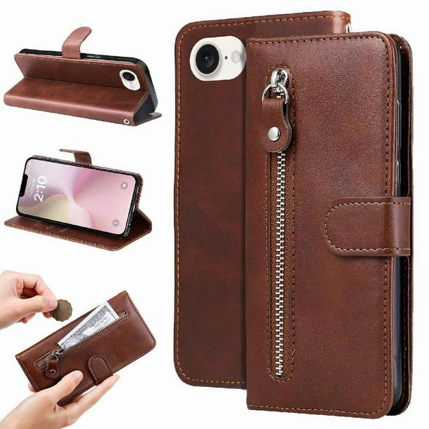 Estuche de Cuero PU con Cierre para iPhone 16e , Funda Protectora con Billetera y Correa
